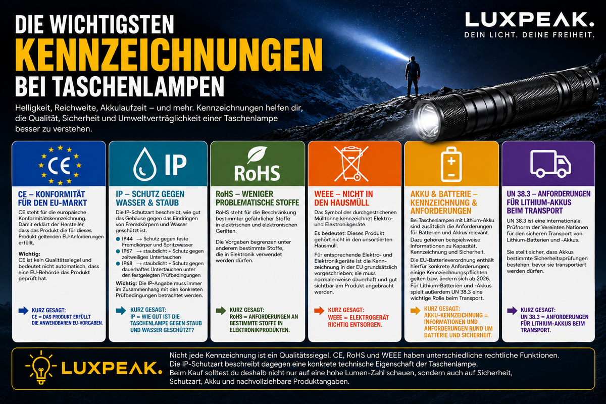 Die wichtigsten Kennzeichnungen bei Taschenlampen